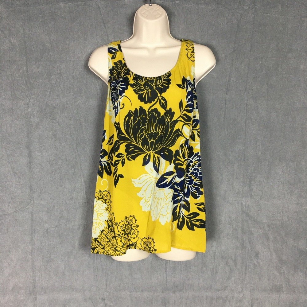 Cabi‎ Womens Yellow Blue Tank Top S Floral Silk Blend Blouse Summer Beachy